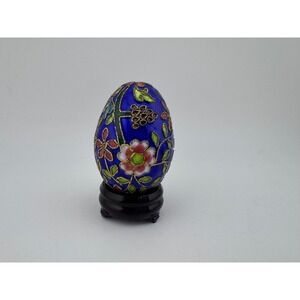 Cloisonne‎ Egg Blue Floral Decorative Ornament Figurine with Stand